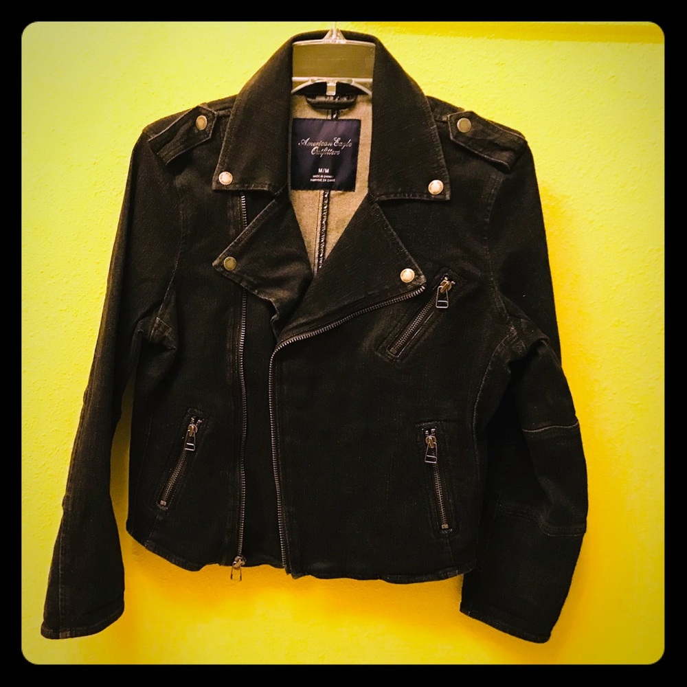 black denim motorcycle jacket